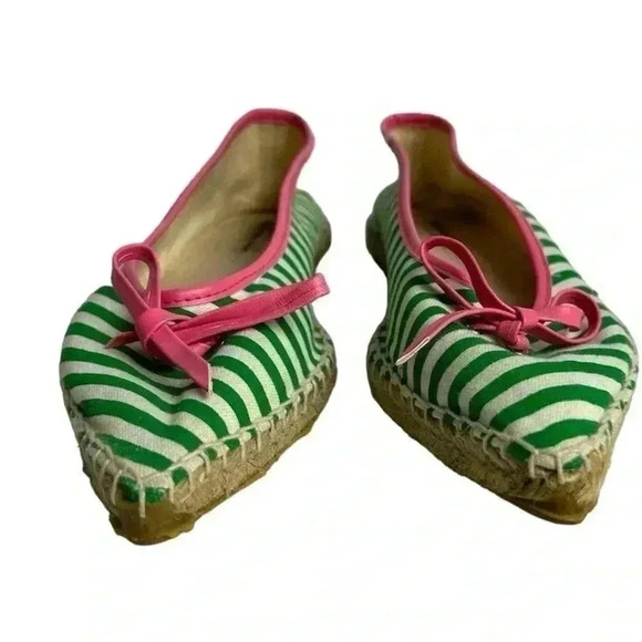 Extra-fine Sugar Espadrilles Size 6 Green/White Stripe with Pink Bow Flats - Picture 2 of 16